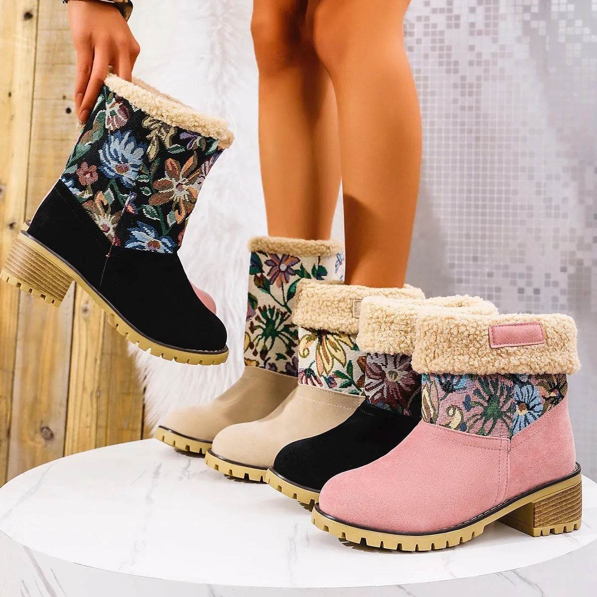 Bottes de neige brodées de fleurs, style ethnique, plateforme, talon carré épais, mi-mollet, bottes d'hiver chaudes en coton pour femmes