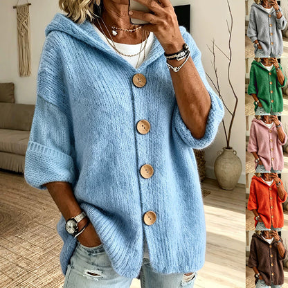Women's Solid-Color Hooded Button-Down Cardigan Sweater