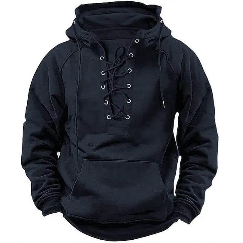 T-shirt à capuche rétro à lacets pour homme, manches longues, décontracté, style pull-over