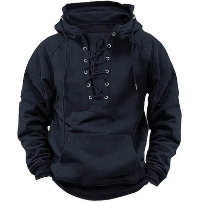 T-shirt à capuche rétro à lacets pour homme, manches longues, décontracté, style pull-over