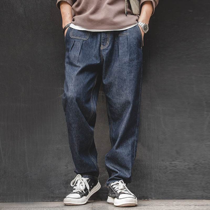 Vintage Denim Washed Elastic Waist Loose Jeans Cityboy Wide Leg Tapered Pants Men