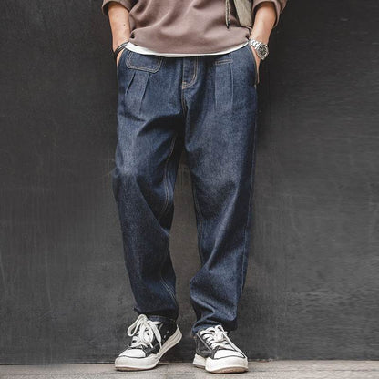 Vintage Denim Washed Elastic Waist Loose Jeans Cityboy Wide Leg Tapered Pants Men