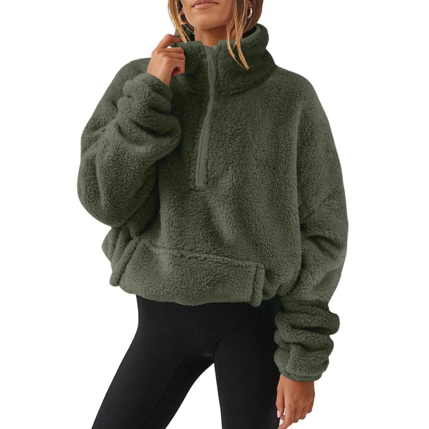 Pull pour femme en velours européen et américain, doublé polaire, avec demi-fermeture éclair et col montant