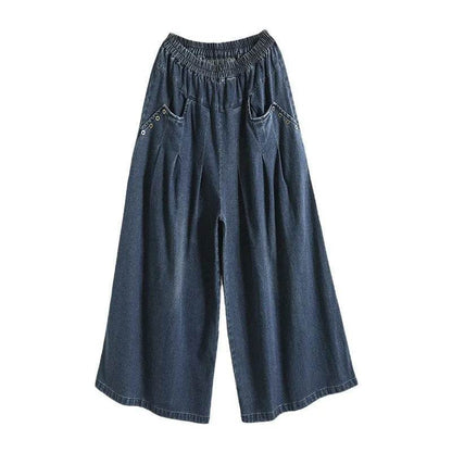 Wide-leg Baggy Jeans Pant Elastic Waist Washed Wear-white Loose Slimming And All-matching Trousers For Women