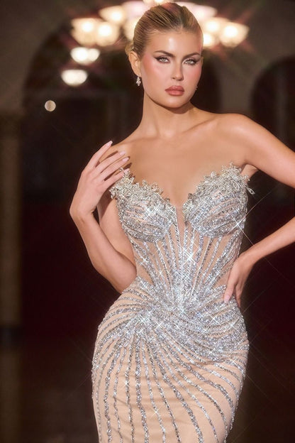 Strapless illusion with Beaded glitter mesh