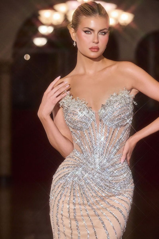 Strapless illusion with Beaded glitter mesh