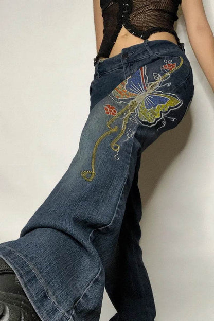Fashion Women's Sexy High Waist Retro Individual Butterfly Print Bootcut Jeans