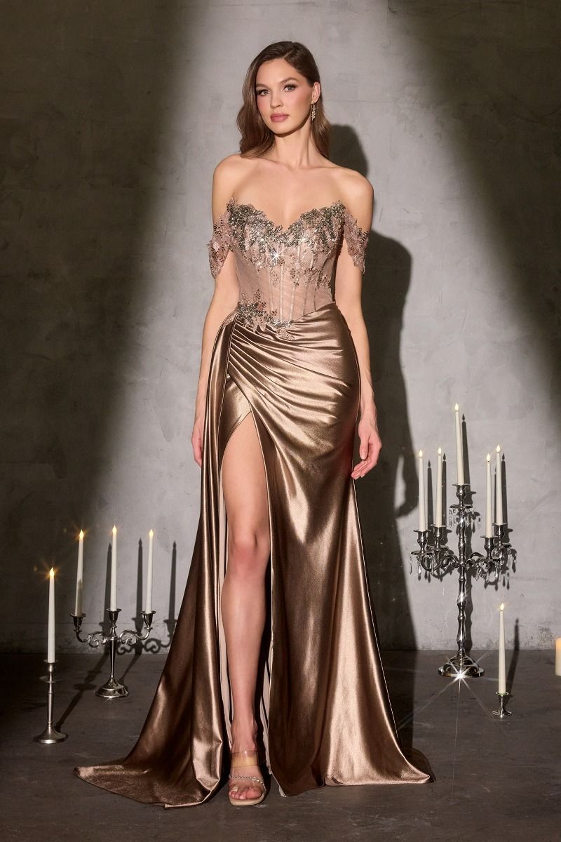 shimmering off-the-shoulder dress