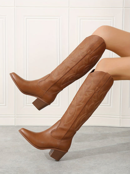 Womens Richly Embroidered Slip-On Cowboy Boots - Fashionable Pointed Toe, Chunky Heel, High Knee Height - Authentic Western Style with Ultimate Comfort - Perfect for Vacation Wear