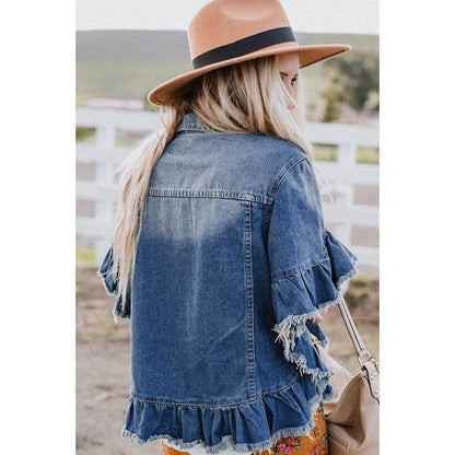 Loose Denim Jacket with Ruffled Sleeves Casual Cotton Style