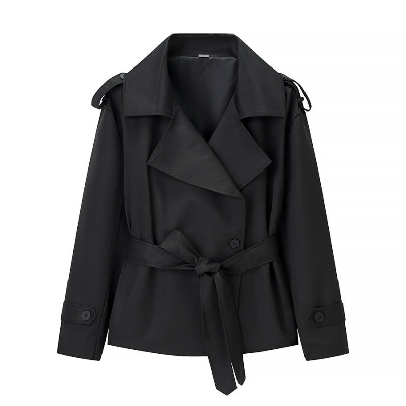 Women’s Solid Color Belted Short Trench Coat – European Style Cropped Jacket with Waist Tie