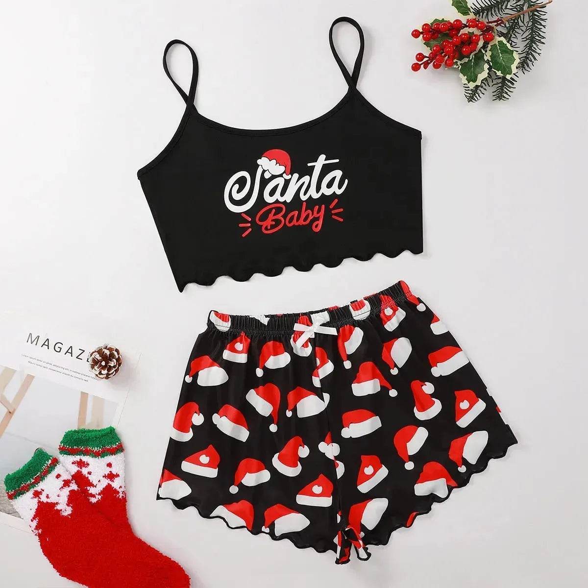 Pyjama de Noël européen et américain pour femme - Débardeur et short - Soie de lait - Simple et décontracté - Deux pièces - Vêtement d'intérieur