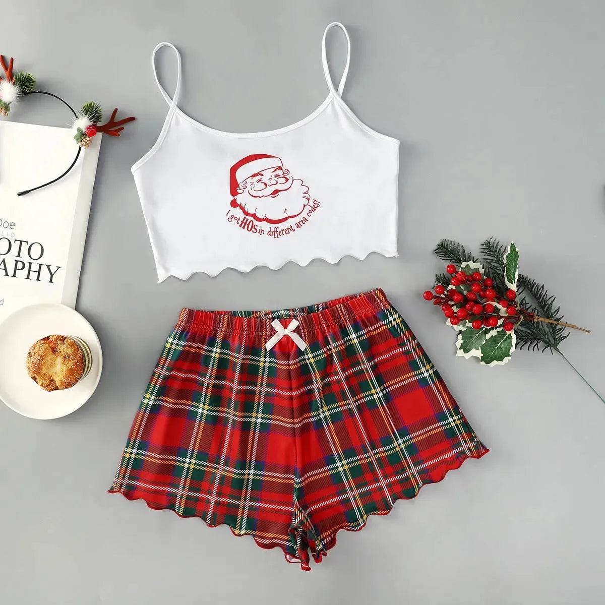 Pyjama de Noël européen et américain pour femme - Débardeur et short - Soie de lait - Simple et décontracté - Deux pièces - Vêtement d'intérieur