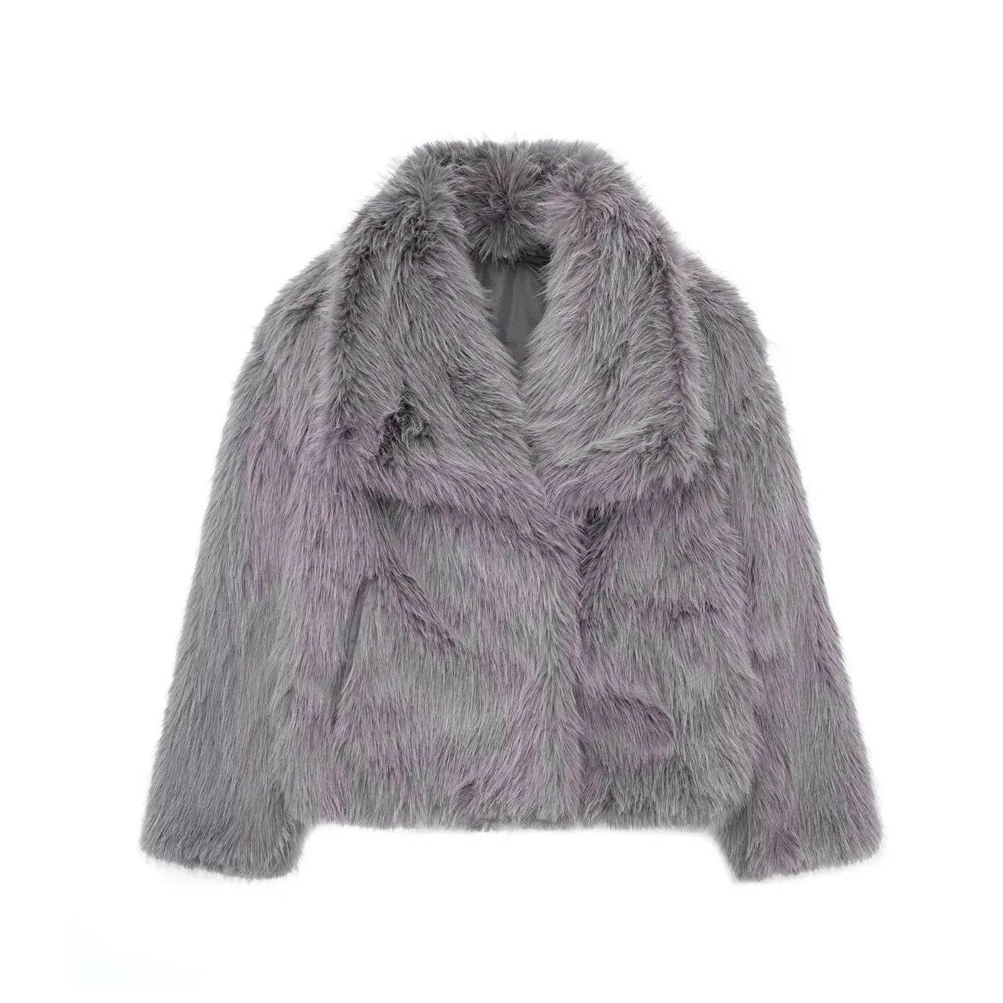 Manteau d'hiver en peluche à col ouvert et revers épais, manteau en fausse fourrure pour femmes
