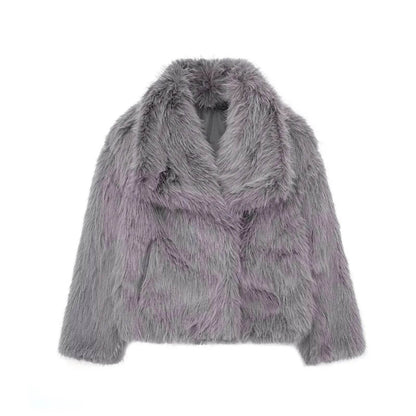Manteau d'hiver en peluche à col ouvert et revers épais, manteau en fausse fourrure pour femmes