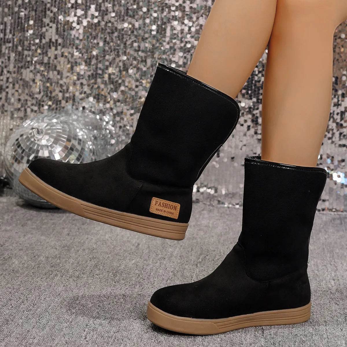 Bottes de neige pour femmes hiver chaud antidérapantes plates mi-mollet en velours et coton épais