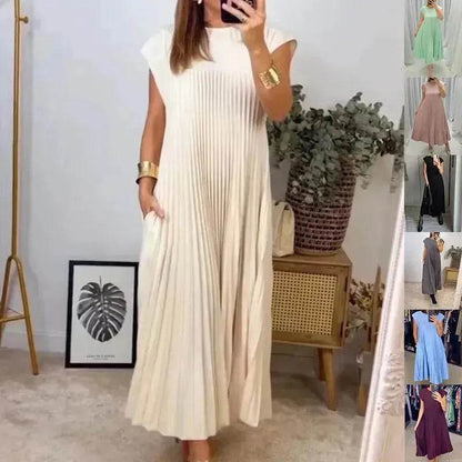 Women Summer Pleated Maxi Dress Casual Short Sleeve Crewneck Flowy Swing Long Dress with Pockets