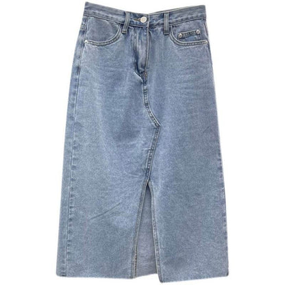 Casual Front Slit Dark Blue and Light Blue Denim Midi Skirt for women