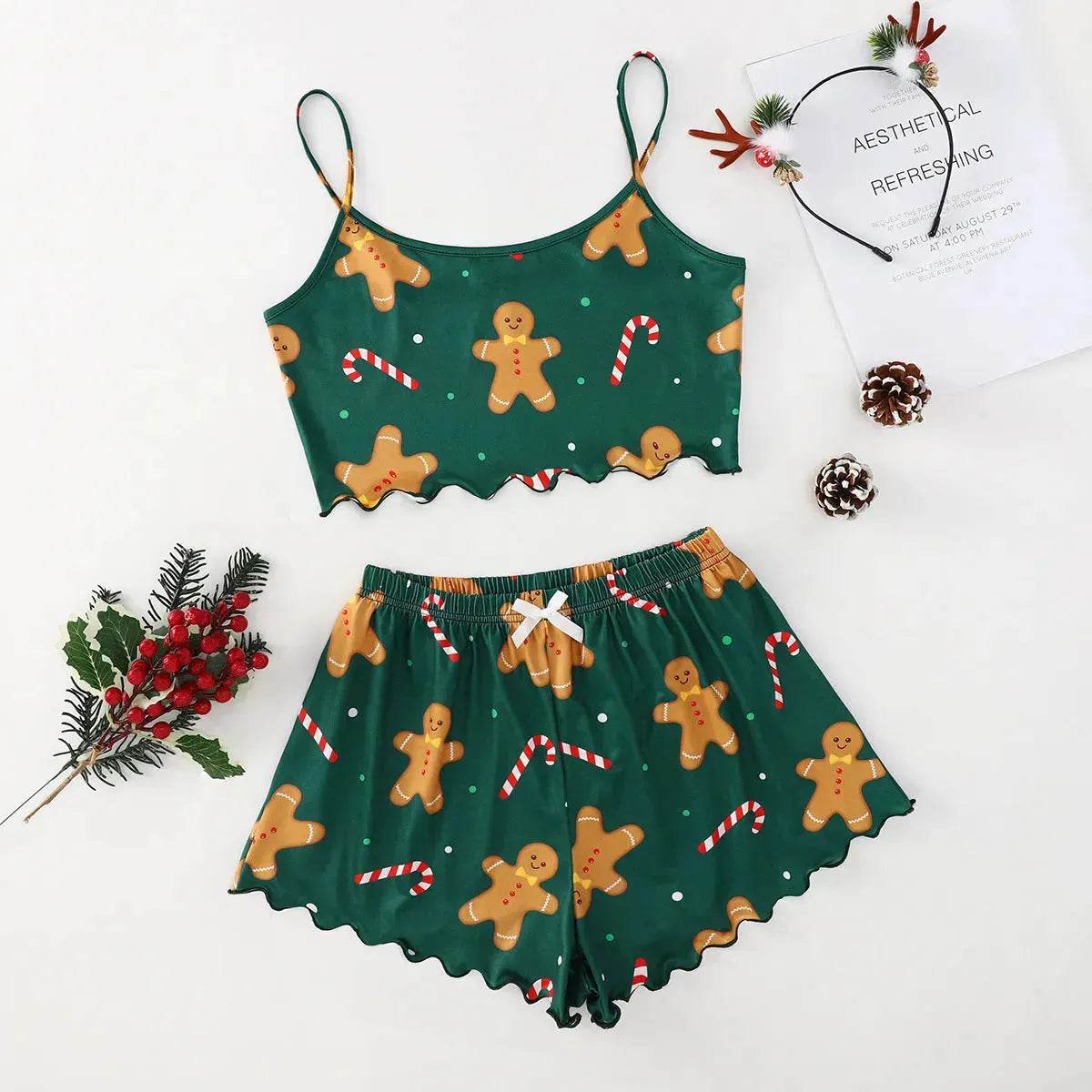 Pyjama de Noël européen et américain pour femme - Débardeur et short - Soie de lait - Simple et décontracté - Deux pièces - Vêtement d'intérieur