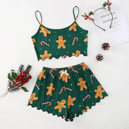 Pyjama de Noël européen et américain pour femme - Débardeur et short - Soie de lait - Simple et décontracté - Deux pièces - Vêtement d'intérieur