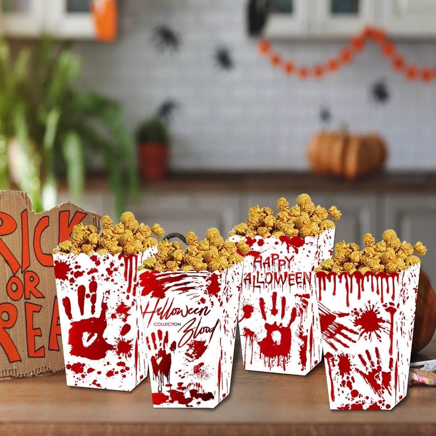 Boîte à Pop-corn d'Halloween 12 Pièces, 3 Styles, Boîte à Bonbons pour Friandises d'Halloween, Motif Sang, Fantôme, Château, Chauve-souris, Conteneur à Bonbons et Biscuits pour Fêtes d'Halloween