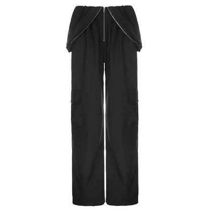 Solid Color High-waisted Zipper V Loose Straight Pocket Street fashion Cargo Pants Women