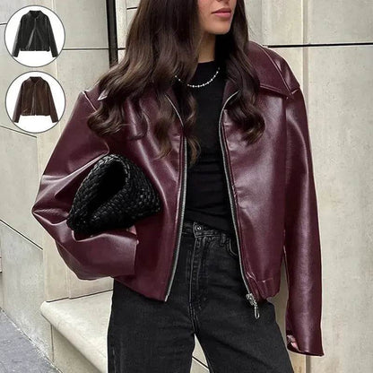 Fashioned Oversized zipper Lapel Leather coat jacket for women