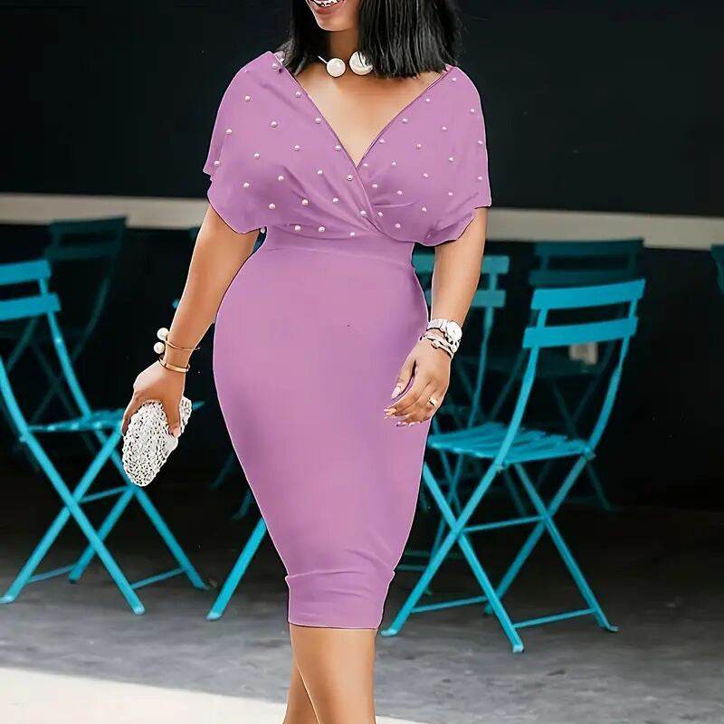 Women's Back Zipper dress Elegant Deep V Neck Wrap Bodycon Dress Pencil Midi Dress