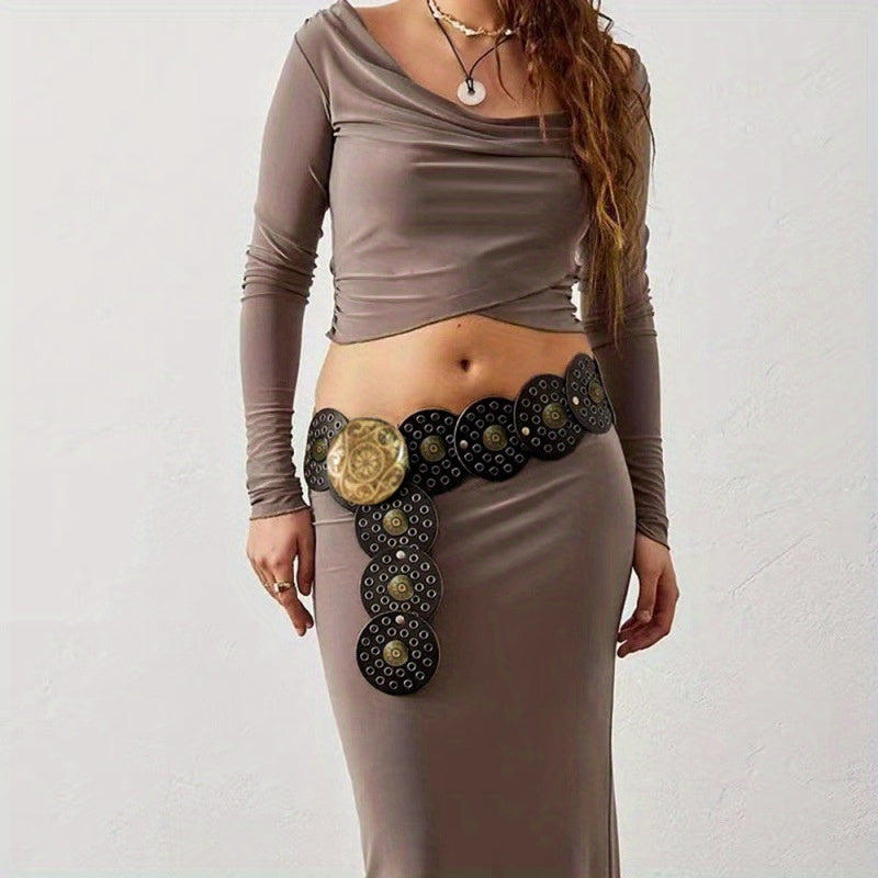 Ceinture large de cowboy occidental avec rivets dorés, en cuir PU, style Steampunk, avec grande boucle ronde vintage pour femme.