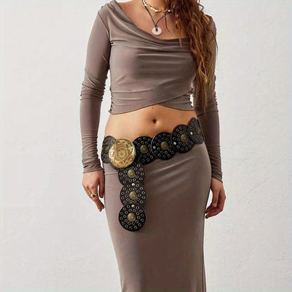 Ceinture large de cowboy occidental avec rivets dorés, en cuir PU, style Steampunk, avec grande boucle ronde vintage pour femme.