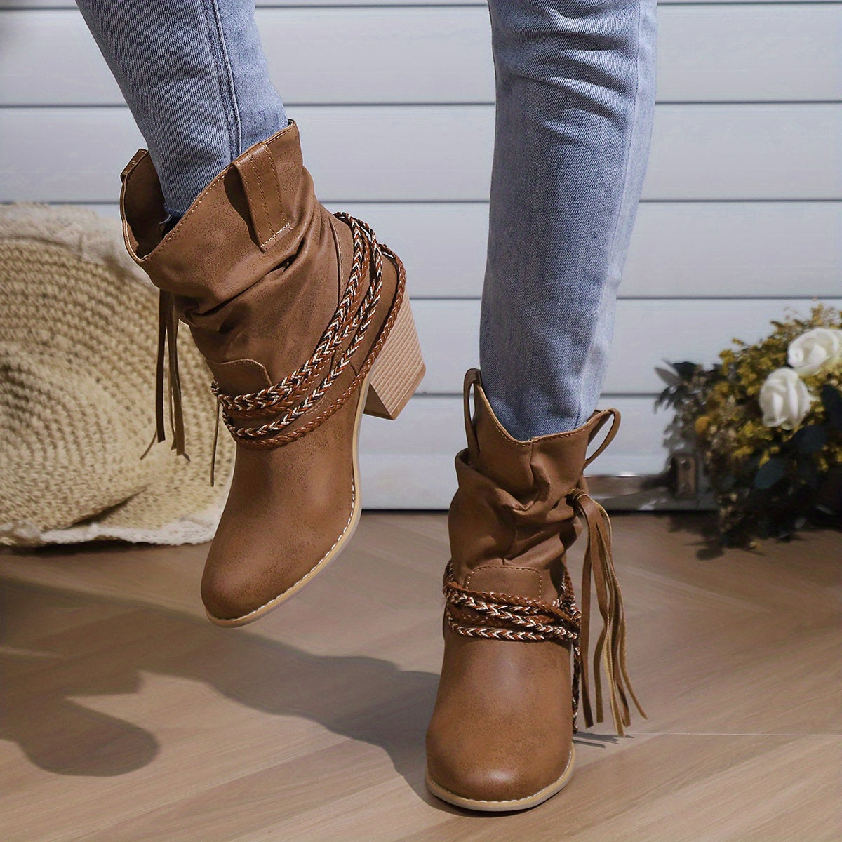 Womens Vintage-Inspired Chunky Heeled Cowboy Boots - Fashionable Tassel & Braided Band Detail, Slip-On Comfort, Soft Slouchy Texture - Retro Short Western Boots