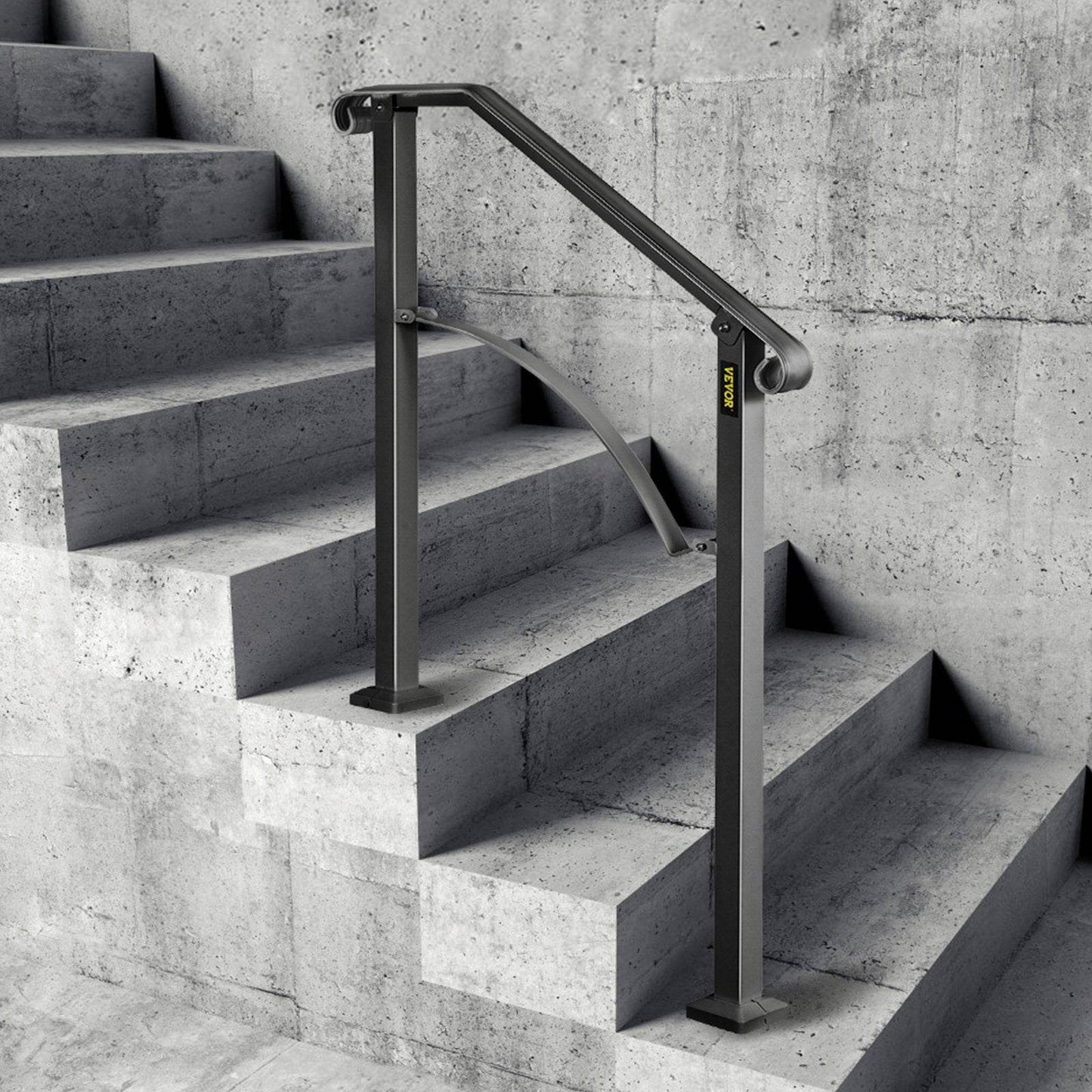 Handrails For Outdoor Steps, Fit 2 Or 3 Steps Outdoor Stair Railing, Arch 2 Wrought Iron Handrail, Flexible Porch Railing, Black Transitional Handrails For Concrete Steps Or Wooden Stairs