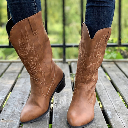 Fashionable Womens Embroidered Cowboy Boots - Trendy Chunky Heel, Pointed Toe, Faux Leather, Supreme Comfort for All-Day Glamour