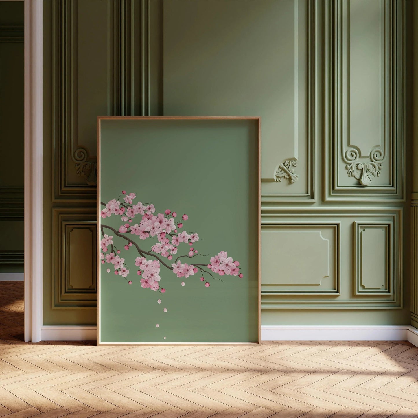 Cherry Blossoms with Emerald Green Background (available handframed ready to hang or unframed)