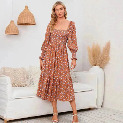 Chiffon European And American Square Collar Horn Printing Comfortable Floral Skirt