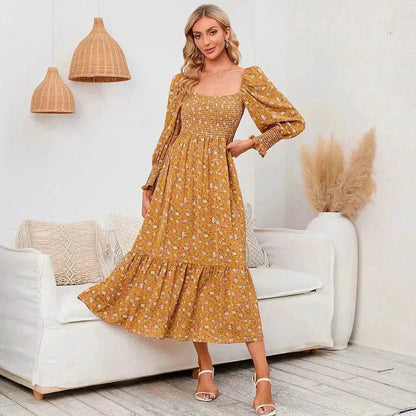 Chiffon European And American Square Collar Horn Printing Comfortable Floral Skirt