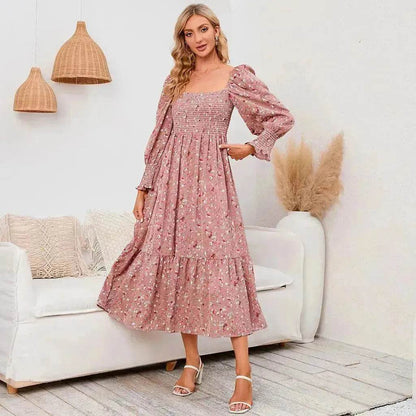 Chiffon European And American Square Collar Horn Printing Comfortable Floral Skirt