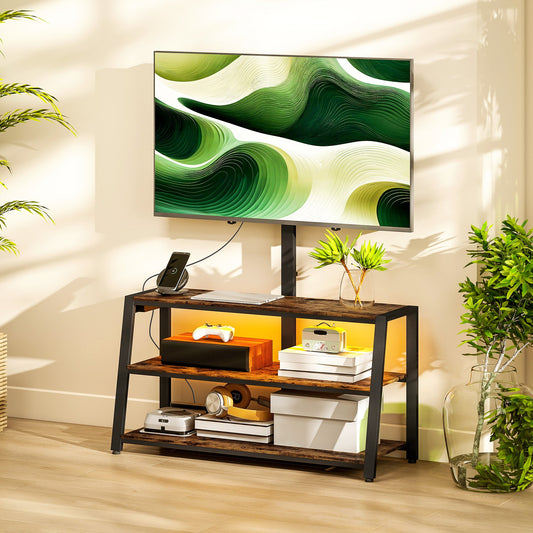 Meuble TV Bay avec support pivotant, prise de courant et lumières LED pour téléviseurs de 32 à 70 pouces – Marron rustique