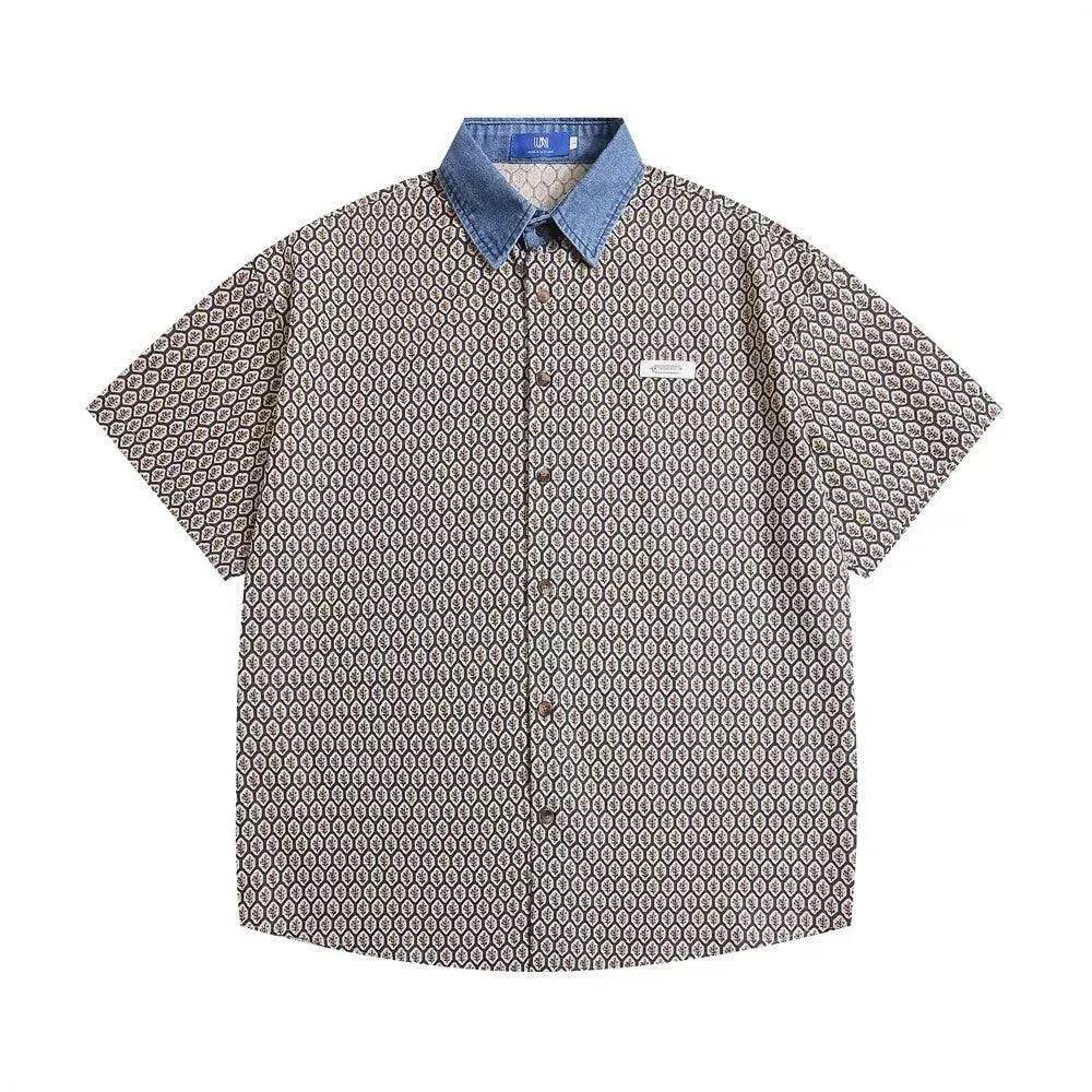 Color Contrast Patchwork Lapel Plaid Casual Short-sleeved Shirt