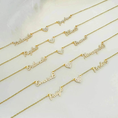 Customized DIY Diamond Inlaid Multi Name Necklace Stainless Steel Chain Heart Charming Choker Customized Necklace Jewelry