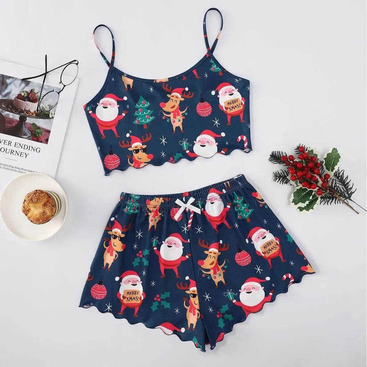 Pyjama de Noël européen et américain pour femme - Débardeur et short - Soie de lait - Simple et décontracté - Deux pièces - Vêtement d'intérieur