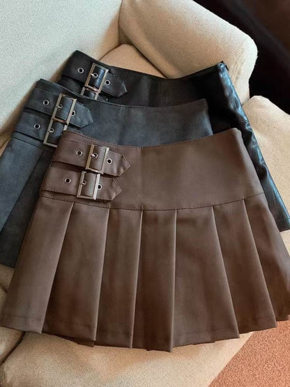 Women's American-style Vintage Mini  Pleated Leather Skirt