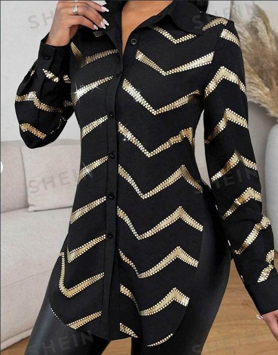 Lyxana Open Placket Foil Print Random Cut Shoulder Long Sleeve Cinched Waist Blouse Women tunic Shirt