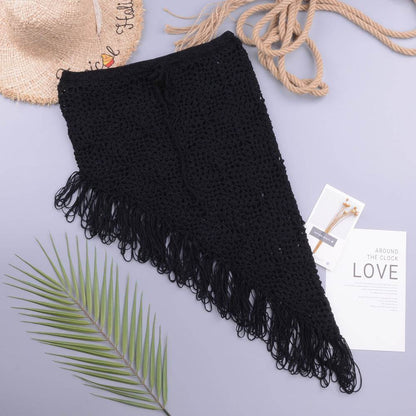 European And American Women's See Through Hollow Knitted tassel fringe Slant Beach Skirt