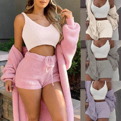 Winter Women Home Wear Suit Casual Pajamas Set Lady Female Soft Warm Long Sleeve Exposed Navel Vest Shorts Set