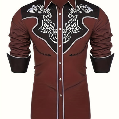 Western Cowboy Chic Long Sleeve Embroidered Shirt - Soft Cotton Blend, Elegant Design, Casual Style for Spring Fall Vacation Resort Wear - Men's Shirt for Outdoor Activities, Travel, and Leisure
