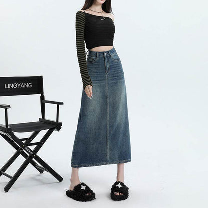 High Waisted Denim Skirt Long Cotton Solid Style