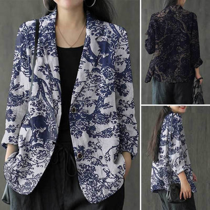 Women's floral Cotton Linen jacket Pocket Blazer