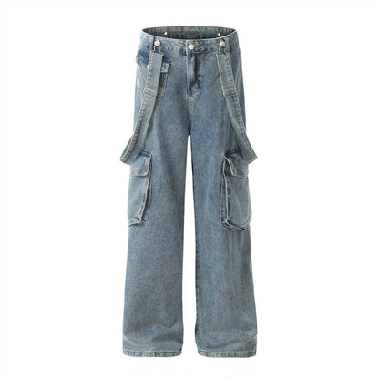 Ribbon Design Multi-pocket Workwear Denim Trousers Men Jeans