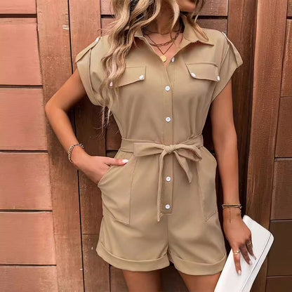 Women's Summer High-Waist Lapel Jumpsuit with Tie and Pockets